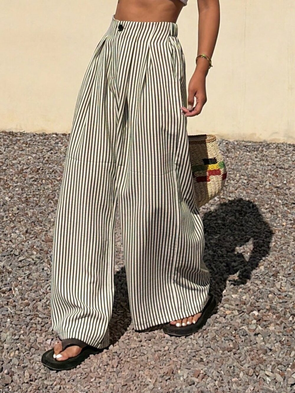 Black Casual Women's Striped Wide Leg Pants - Picture 3 of 9